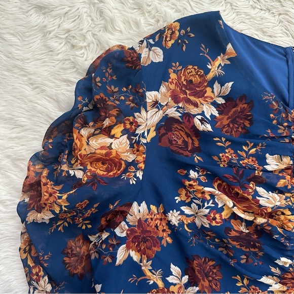 Veronica Beard Dress Hedera Ruched Silk Ruffle Mini Floral Electric Blue Sz 16 - Picture 6 of 12